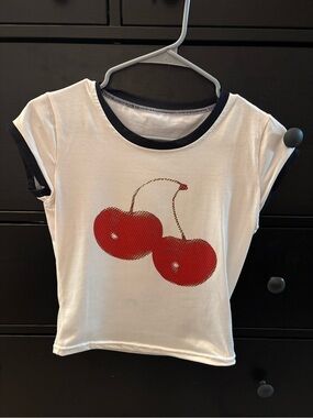 Girls White Tee with Red Cherry Graphic
